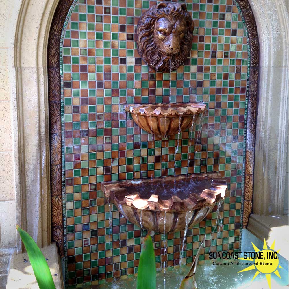 2 tier wall bowl water feature with lion head spitter