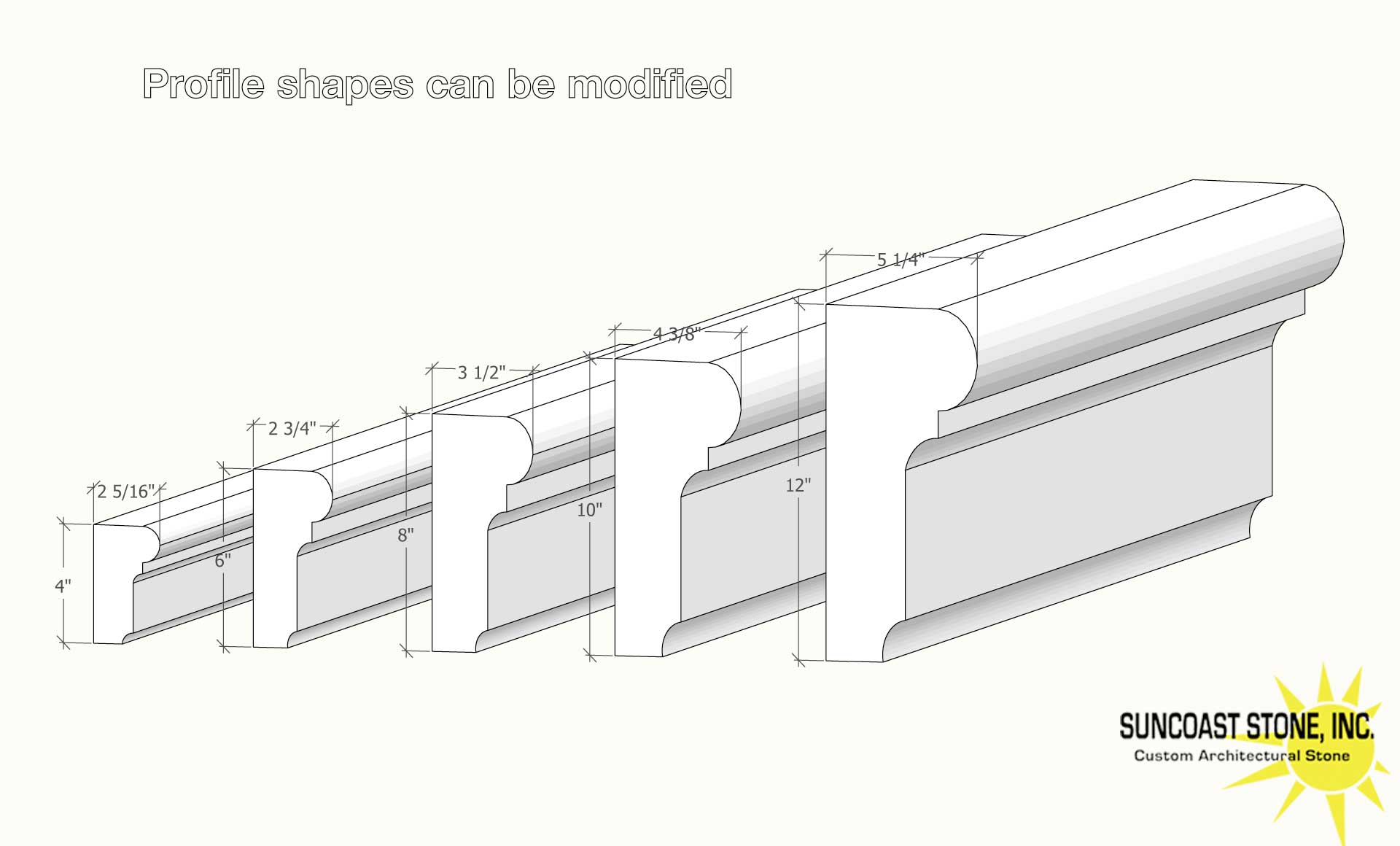 3d view of a range of exterior trim profiles in cast stone